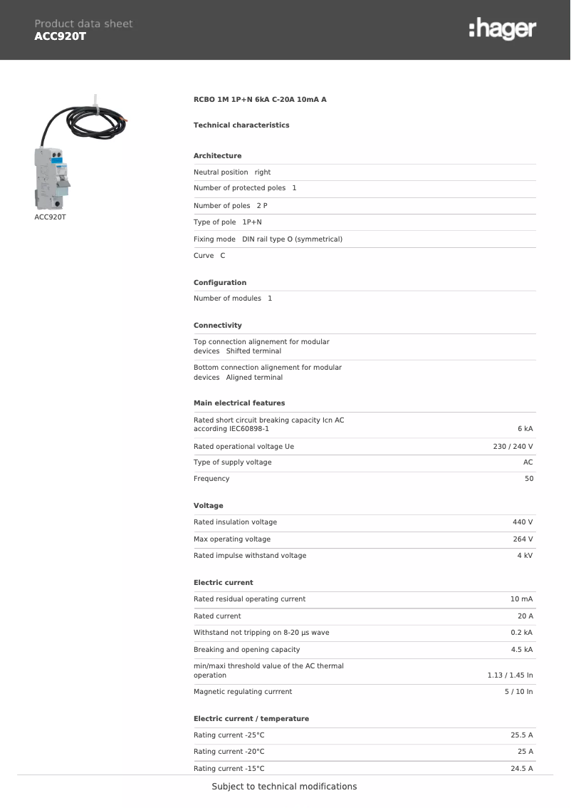 Page 1 of the manual Technical Sheet Hager ACC920T