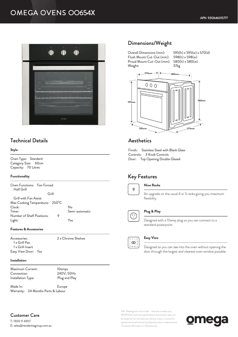 Page 1 of the manual Technical Sheet Omega OO654X