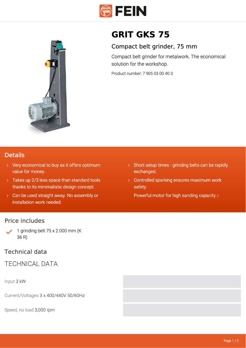 Page 1 of the manual Technical Sheet Fein GRIT GKS 75
