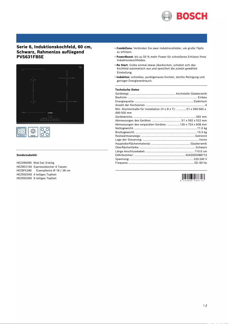 Page 1 of the manual Technical Sheet Bosch PVS631FB5E