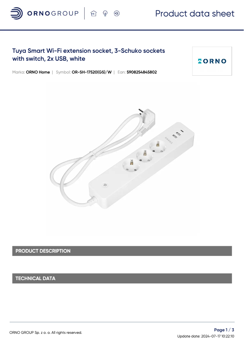 Page 1 de la notice Fiche technique ORNO OR-SH-17520