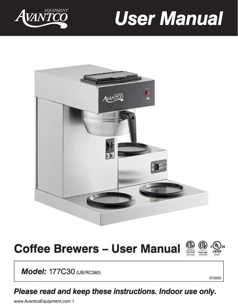 Page 1 of the manual User Manual Avantco C30