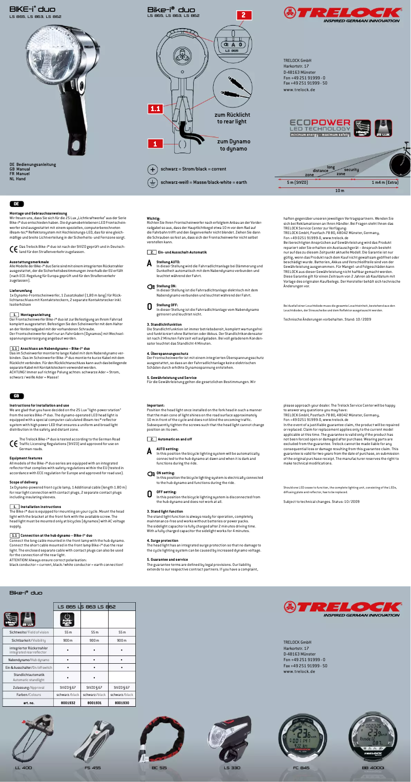 Page 1 of the manual User Manual Trelock LS 865