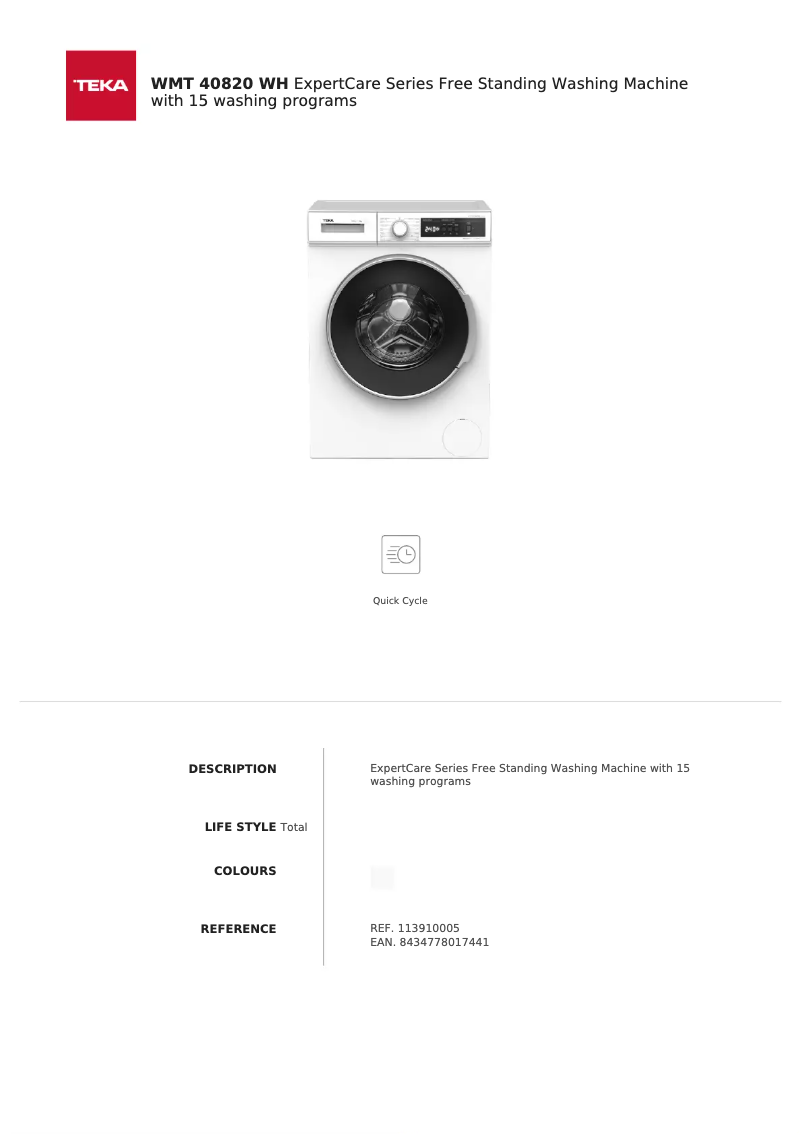 Page 1 of the manual Technical Sheet Teka WMT 40820 WH