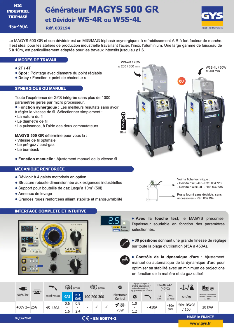Page 1 of the manual Technical Sheet GYS Magys 500 GR