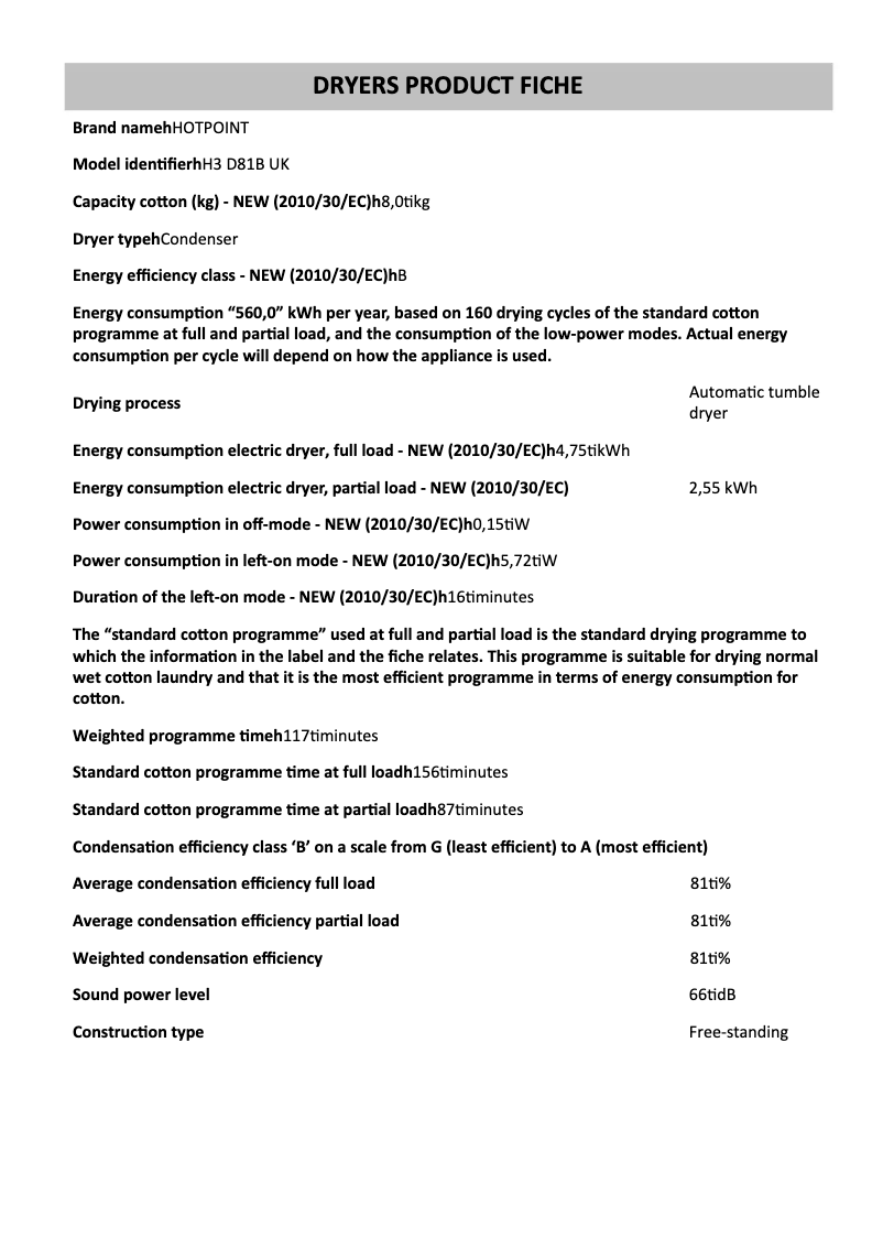 Page 1 of the manual Technical Sheet Hotpoint H3 D81B UK