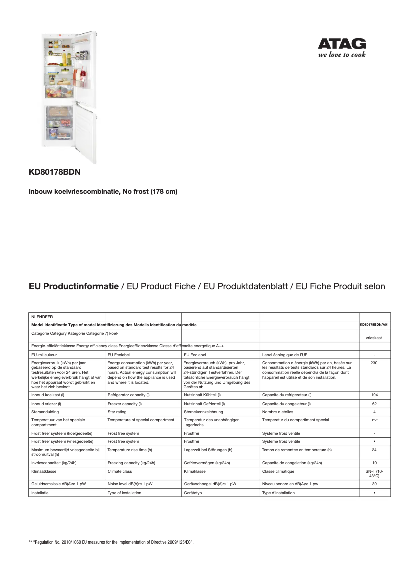 Page 1 de la notice Fiche technique Atag KD80178BDN