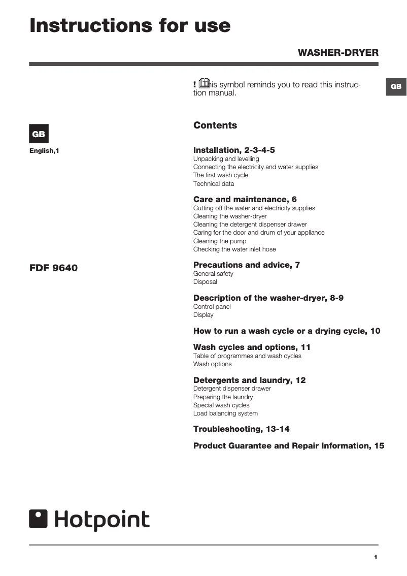 Page 1 of the manual User Manual Hotpoint FDF 9640 G UK