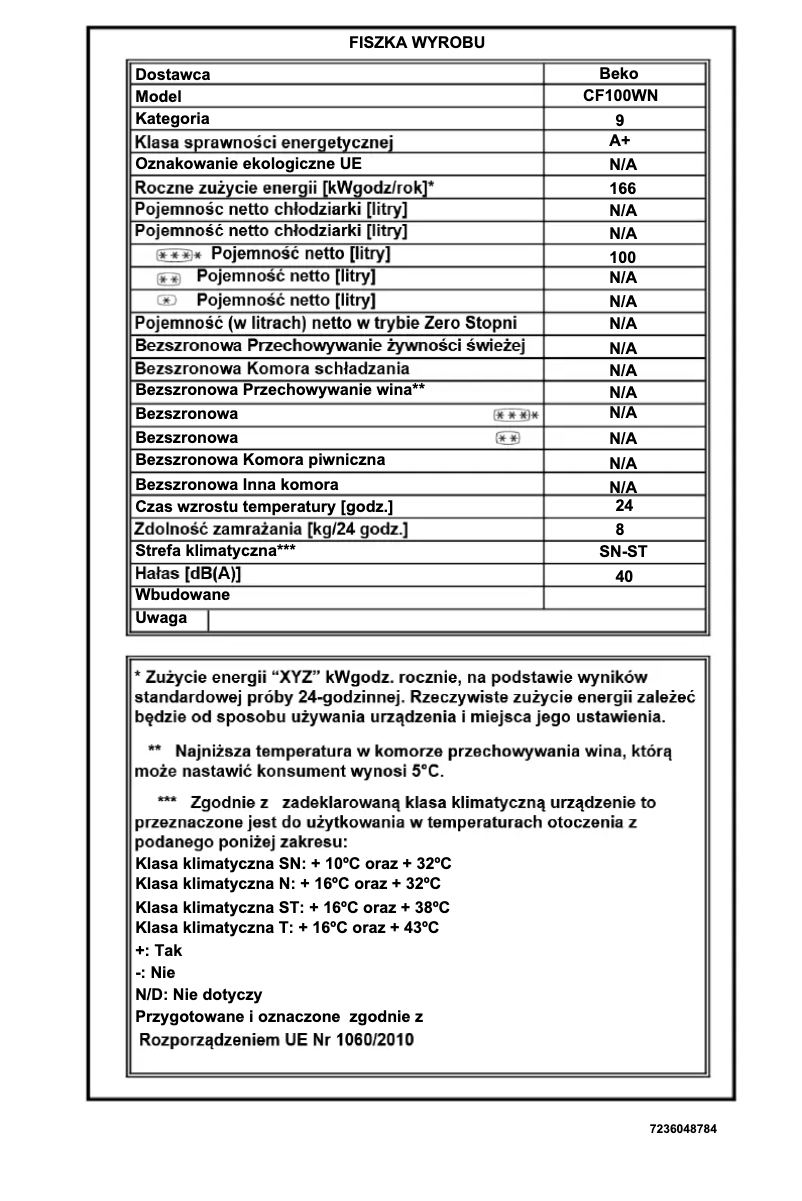 Page 1 of the manual Brochure Beko CF100WN