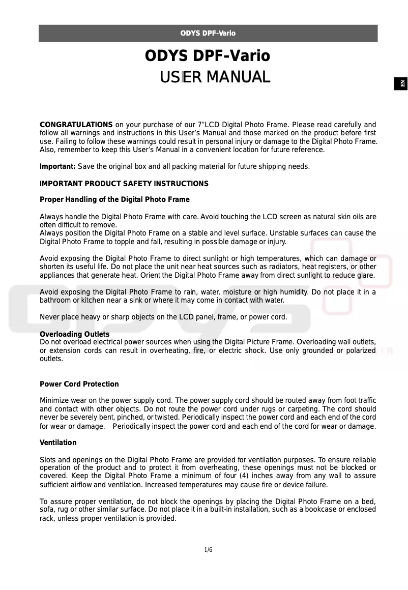 Page 1 of the manual User Manual Odys DPF-VARIO