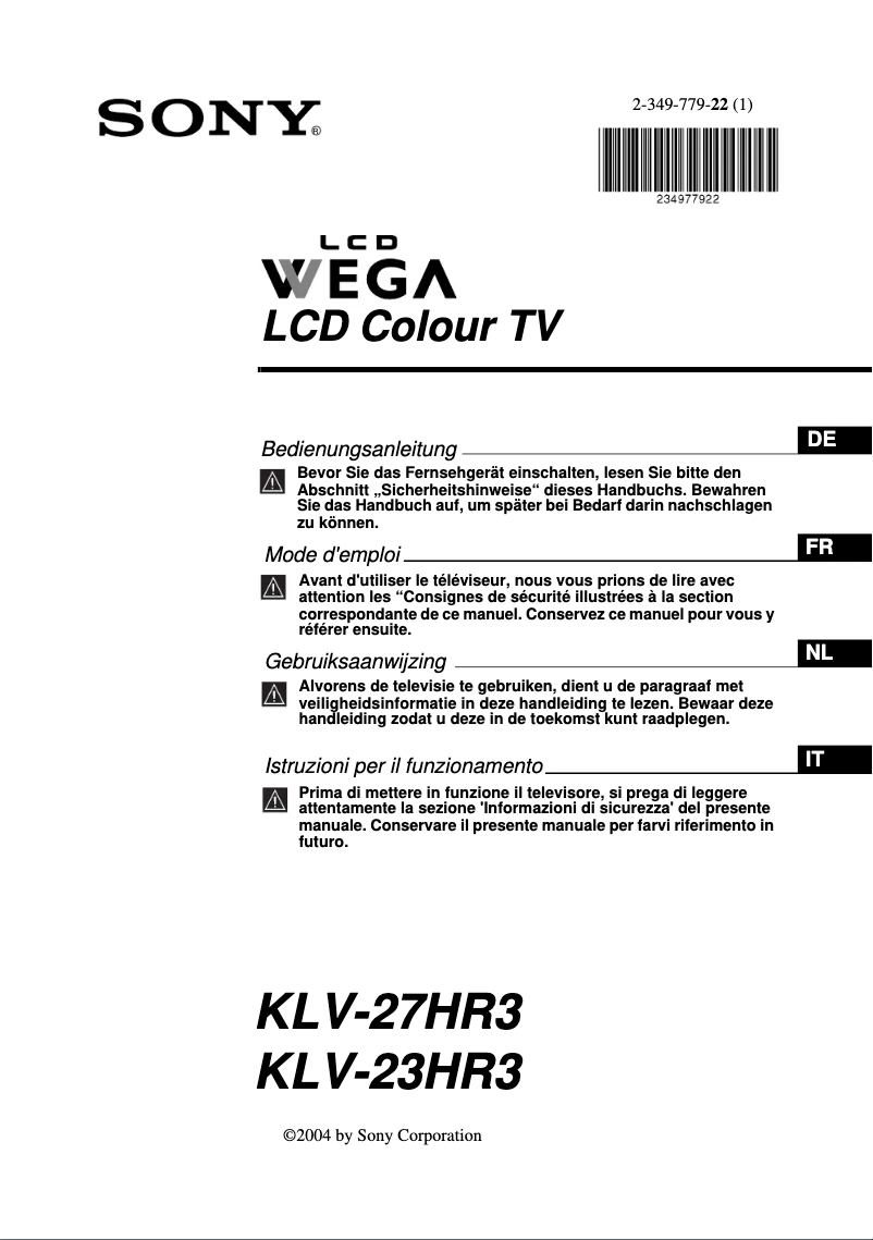 Page 1 of the manual Instruction Manual Sony KLV-23HR3