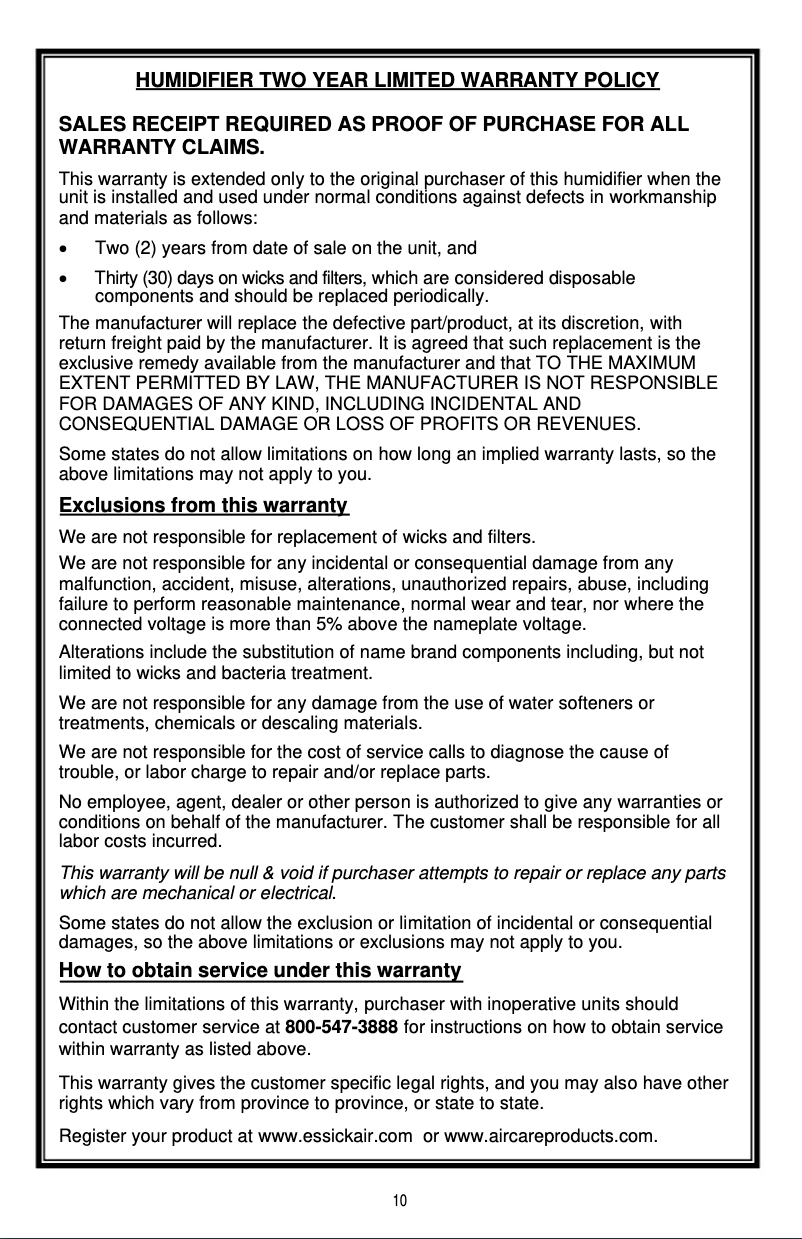 Page 1 of the manual Warranty Information AirCare Executive 4DTS900