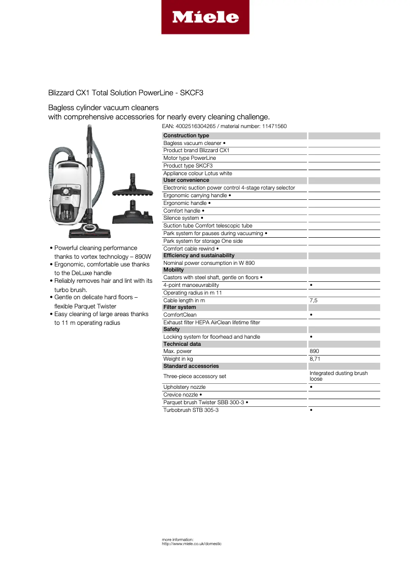 Page 1 of the manual Technical Sheet Miele Blizzard CX1 Total Solution PowerLine