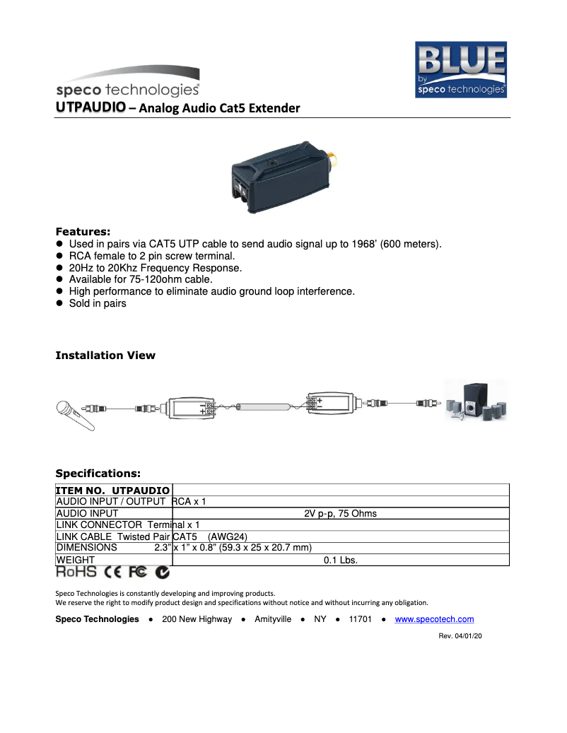 Page 1 of the manual User Manual Speco Technologies UTPAUDIO