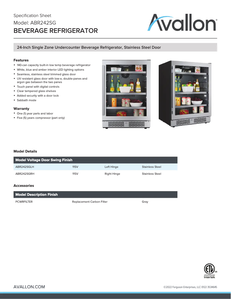 Page 1 of the manual Technical Sheet Avallon ABR242SG