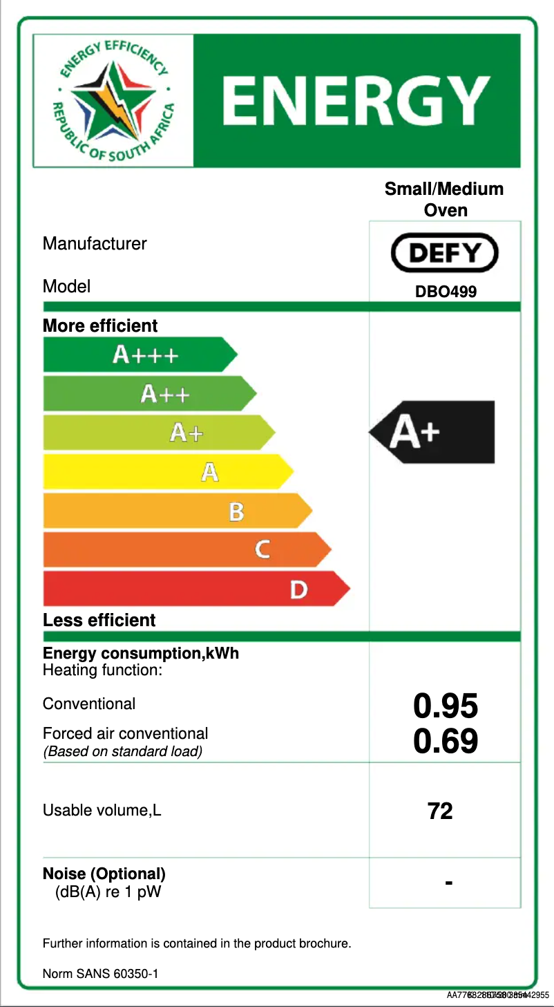 Page 1 of the manual Energy Label Defy DBO499