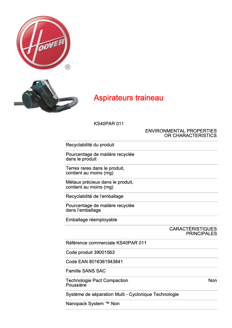 Page 1 of the manual Technical Sheet Hoover KS40PAR 011