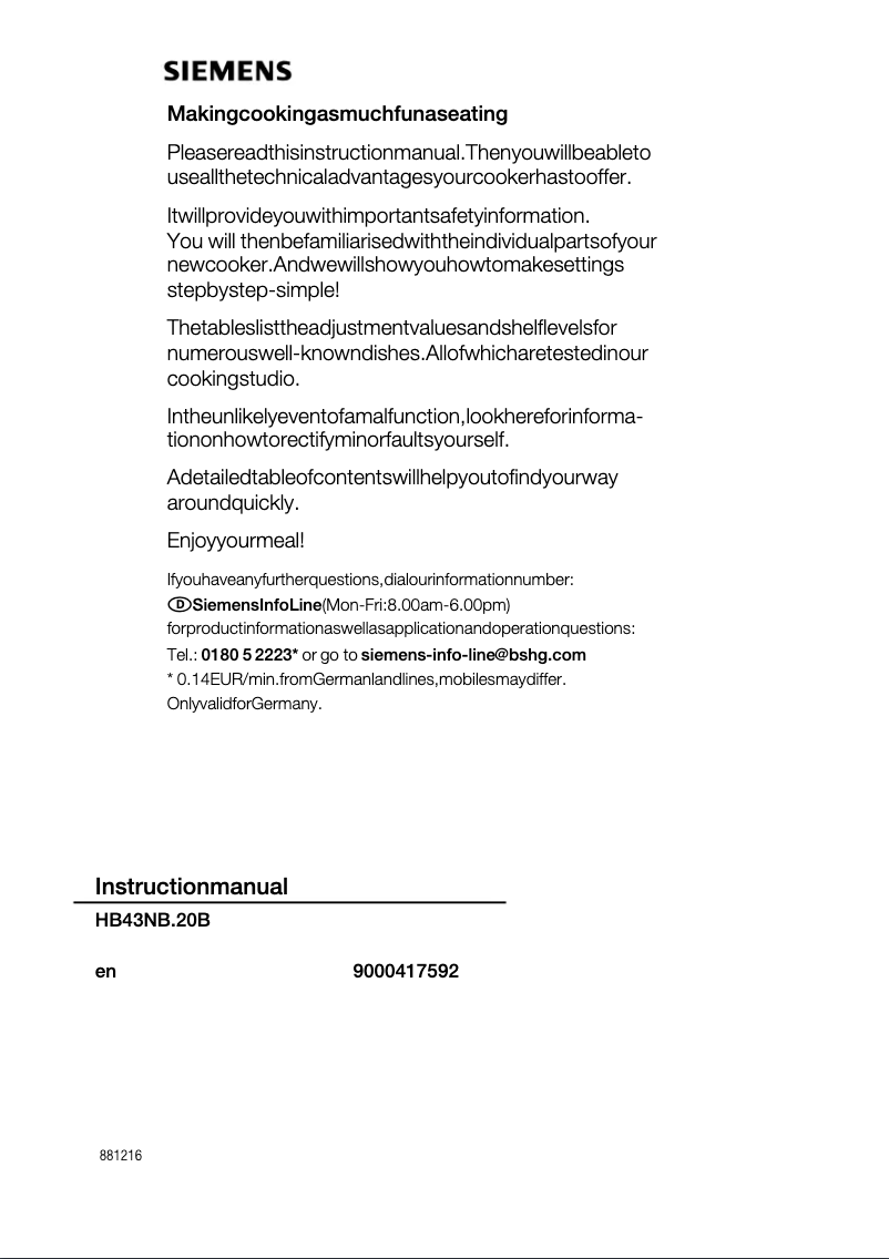 First page image of the manual for HB43NB620B