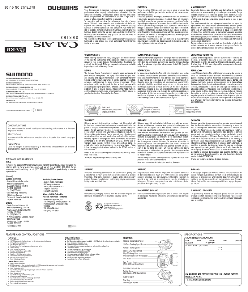 Page 1 of the manual User Manual Shimano Calais 100A