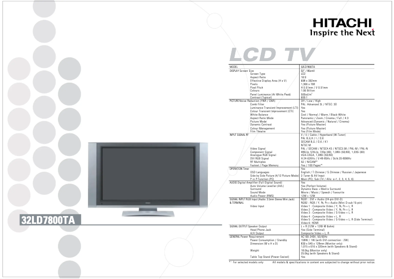 Page 1 of the manual Brochure Hitachi 32LD7800TA