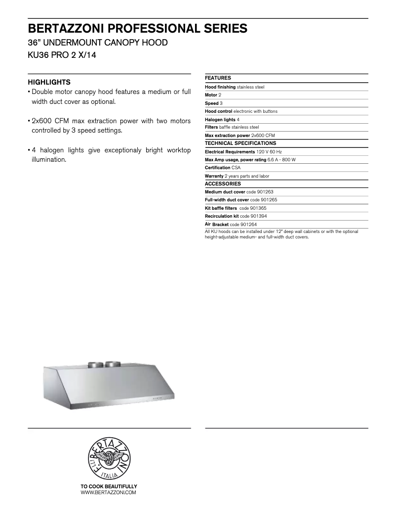 First page image of the manual for KU36PRO2X14