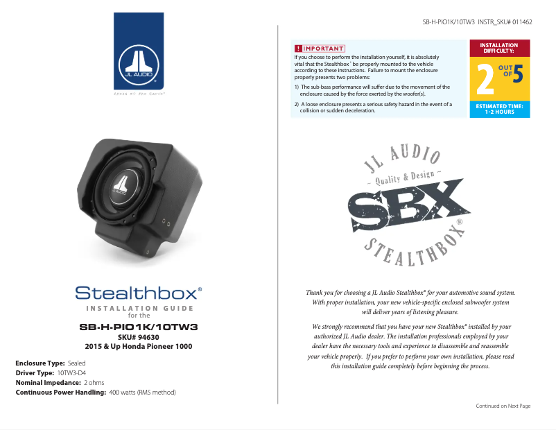 First page image of the manual for Stealthbox SB-H-PIO1K/10TW3