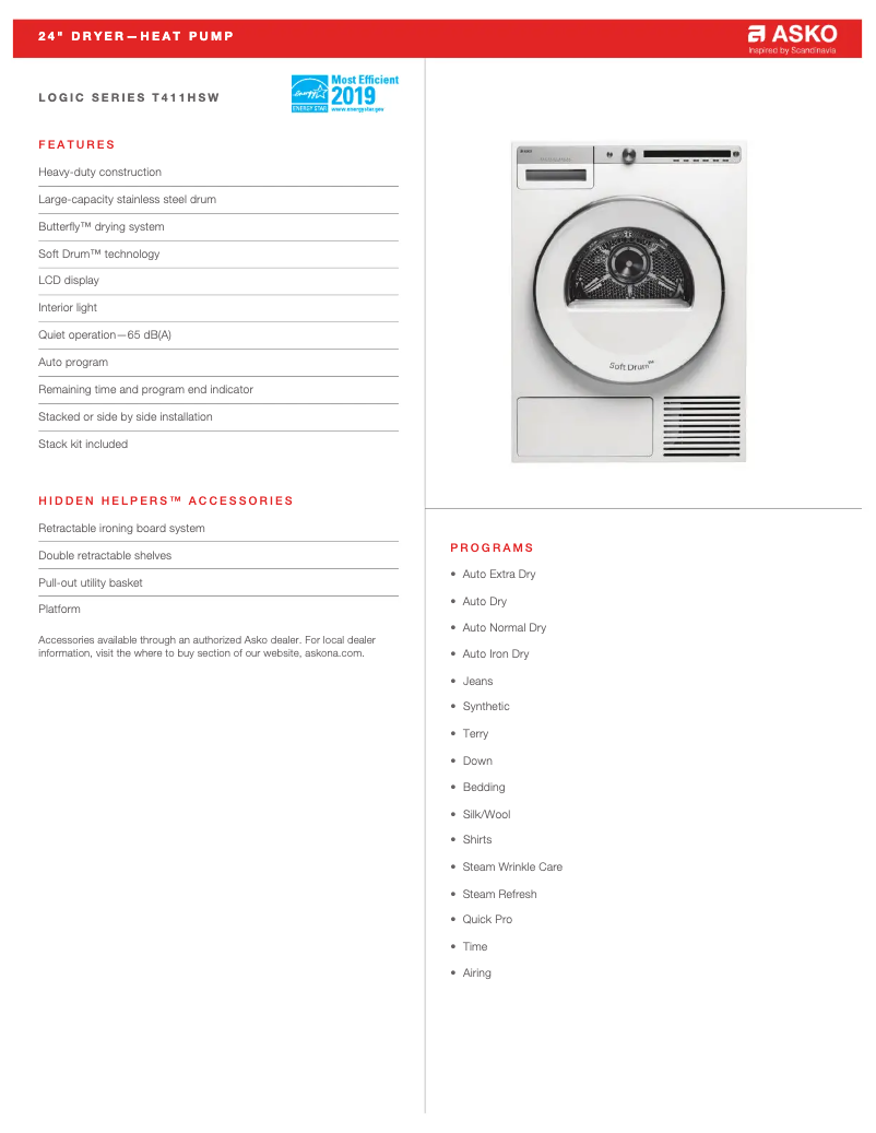 Page 1 of the manual Technical Sheet Asko T411HSW