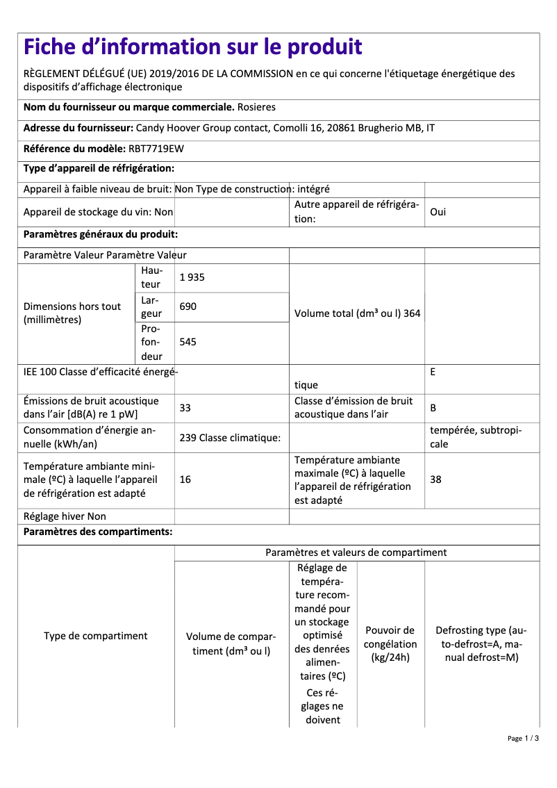 Page 1 of the manual Technical Sheet Rosieres RBT7719EW