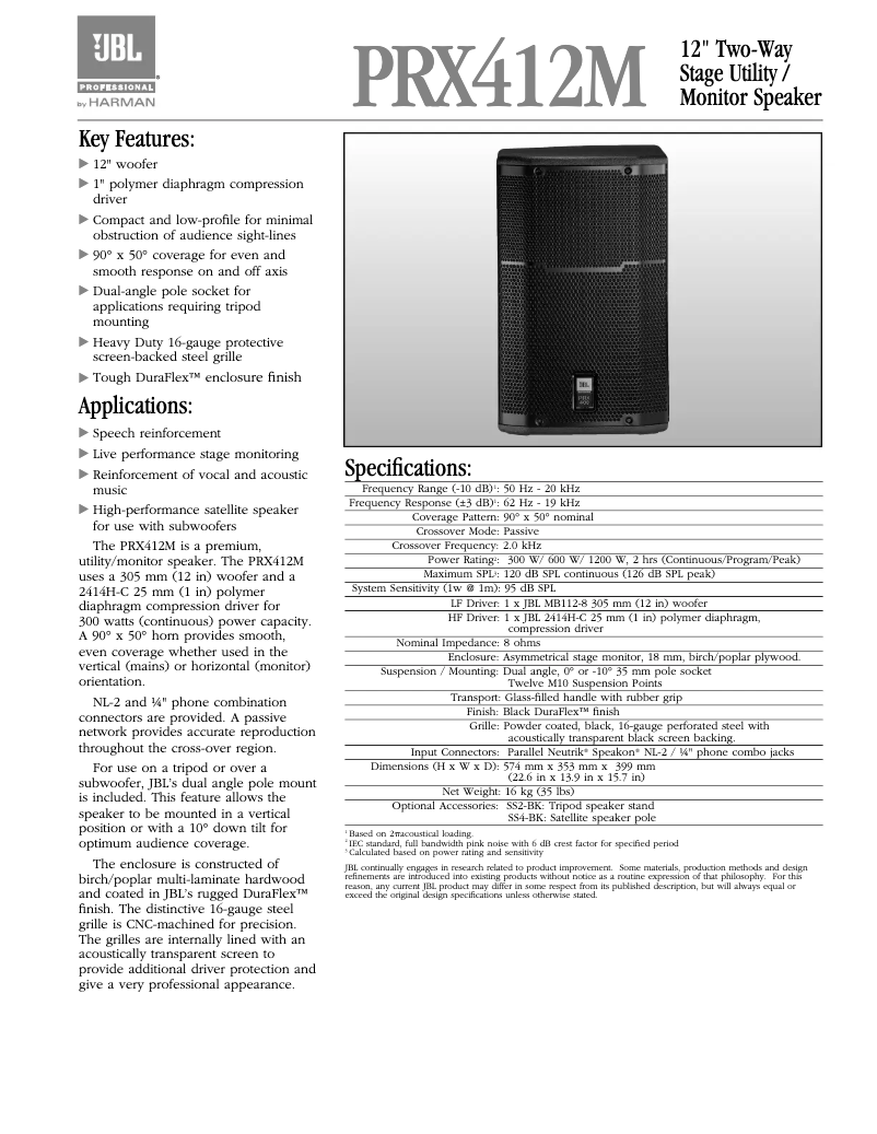 Page 1 of the manual Instruction Manual JBL PRX412M