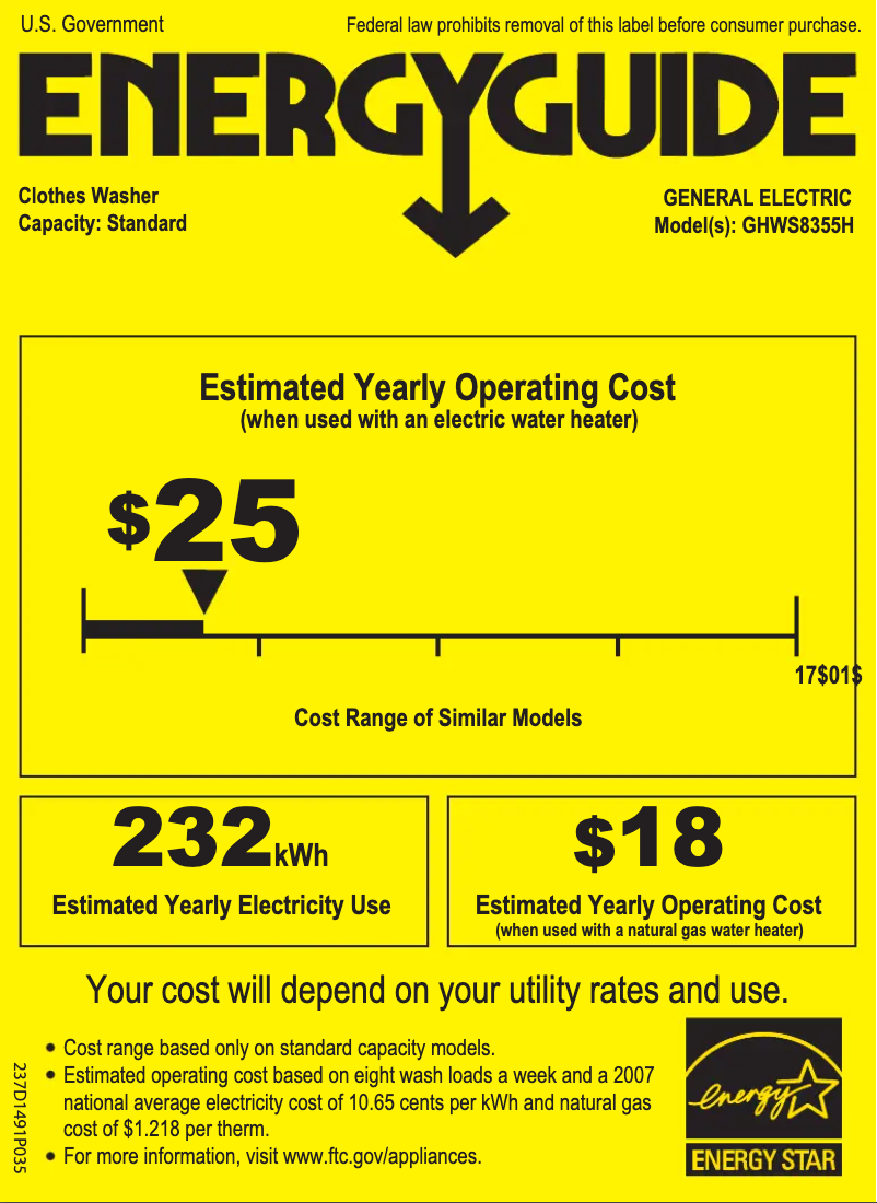 Page 1 of the manual Energy Label GE GHWS8355HMC