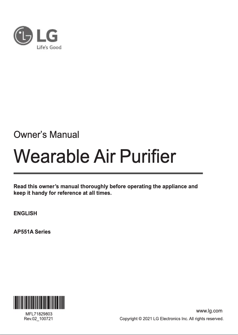 Page 1 of the manual User Manual LG PuriCare AP551ABFA