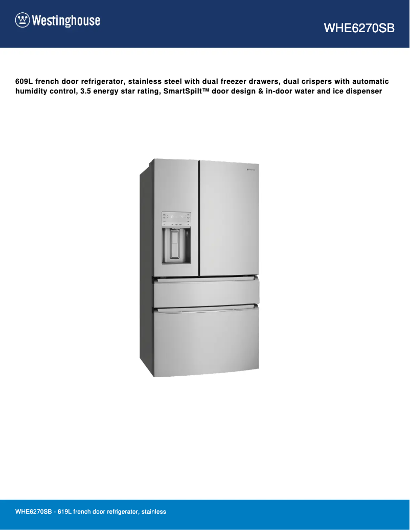 Page 1 of the manual Technical Sheet Westinghouse WHE6270SB