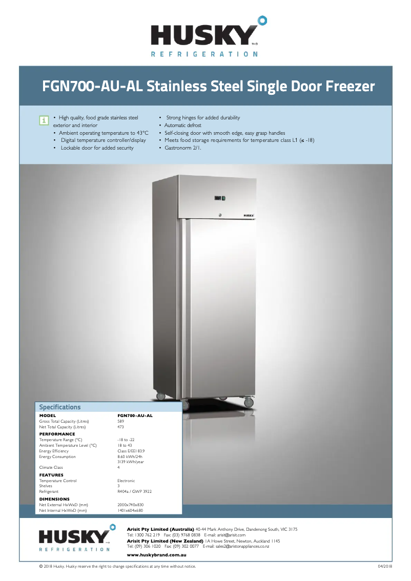 Page 1 of the manual Technical Sheet Husky FGN700-AU-AL