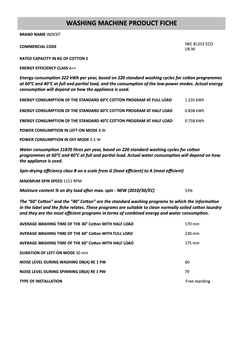 Page 1 of the manual Technical Sheet Indesit IWC 81252 ECO UK.M