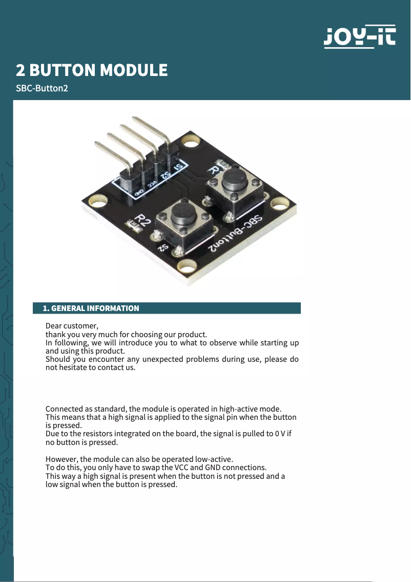 Page 1 de la notice Manuel utilisateur Joy-It SBC-Button2