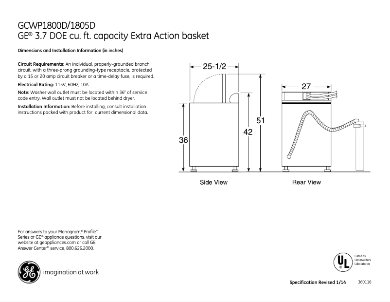 Page 1 of the manual Technical Sheet GE GCWP1800DWW