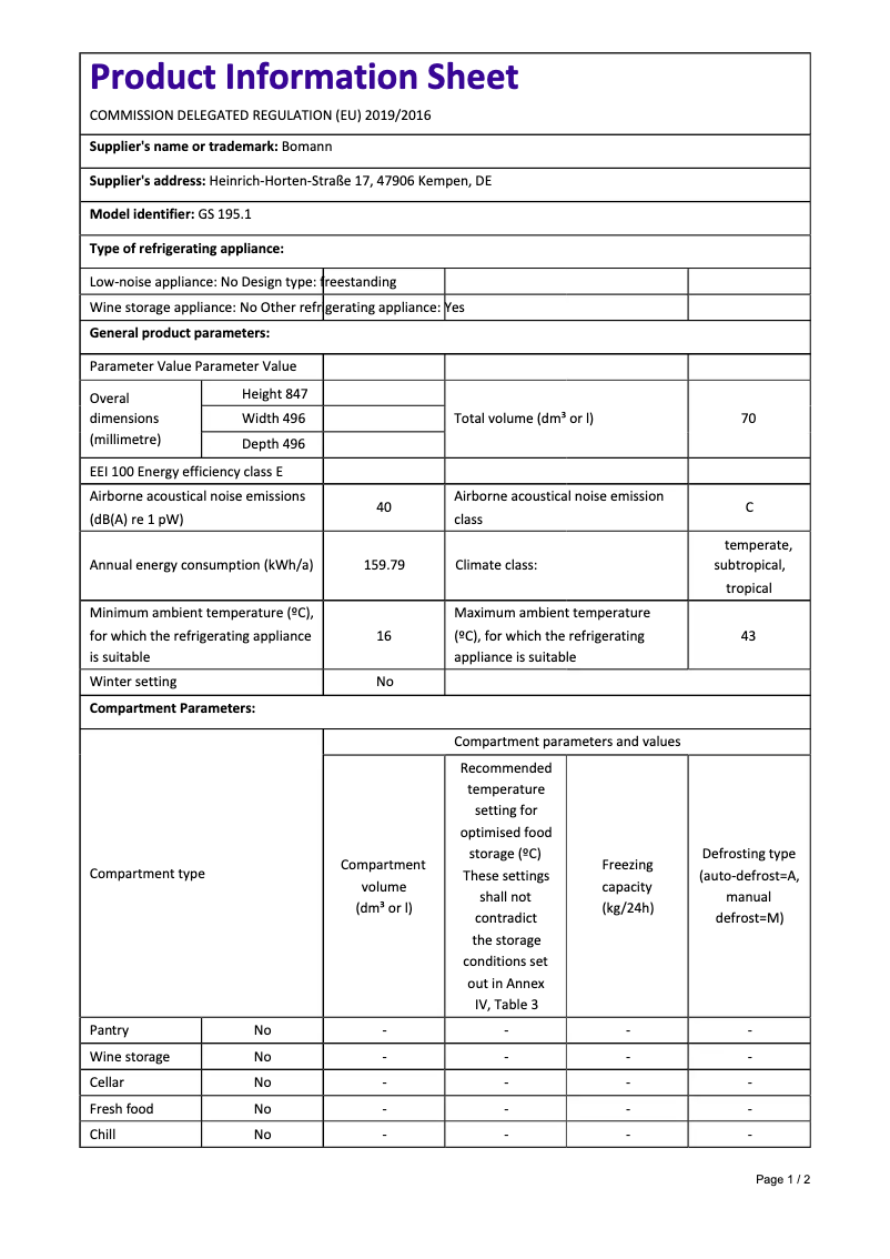 Page 1 of the manual Technical Sheet Bomann GS 195.1