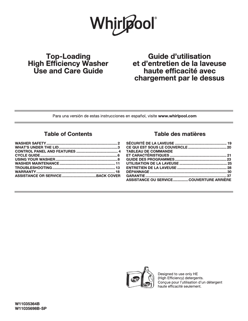 Page 1 of the manual Use and Maintenance Manual Whirlpool WTW4955HW