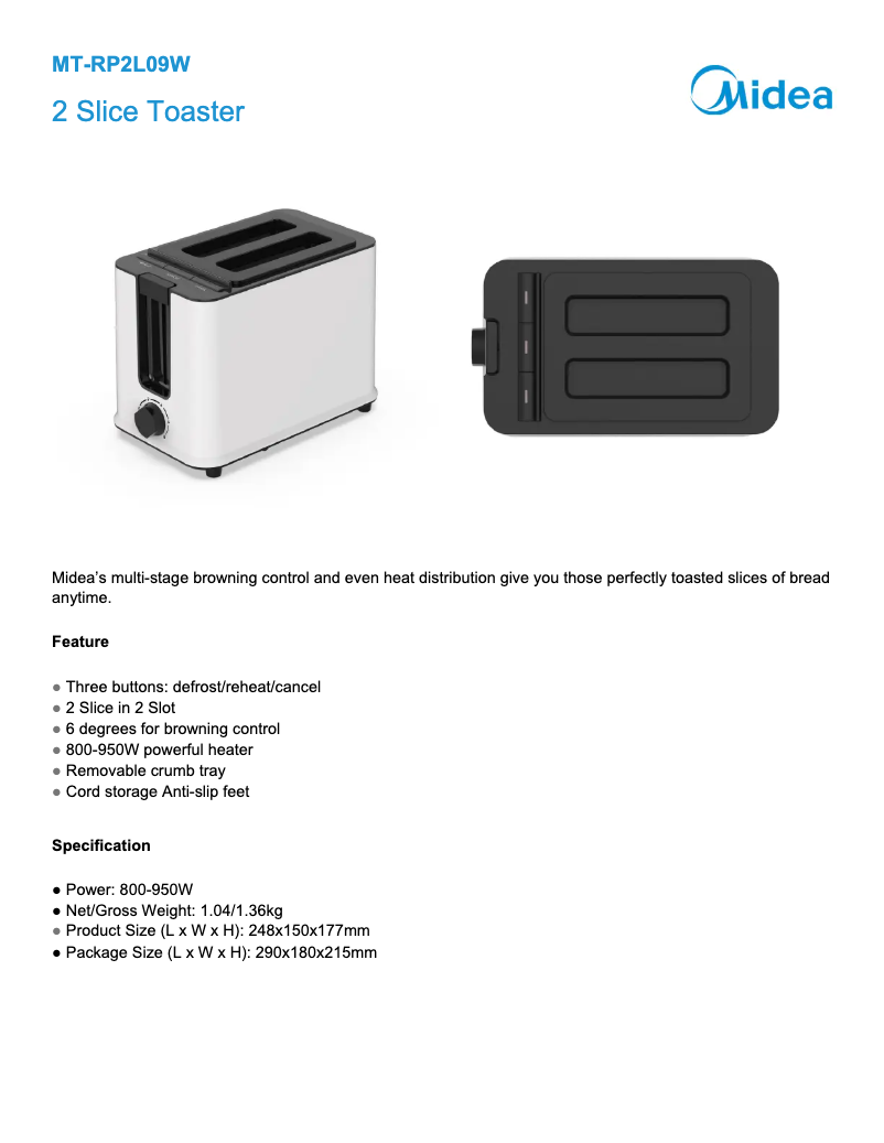 Page 1 of the manual Technical Sheet Midea MT-RP2L09W