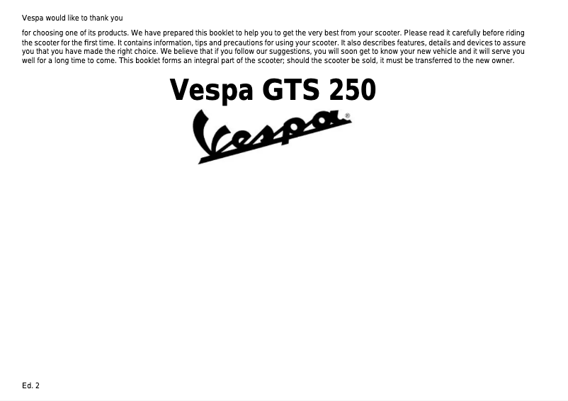 Page 1 of the manual User Manual Vespa GTS 250