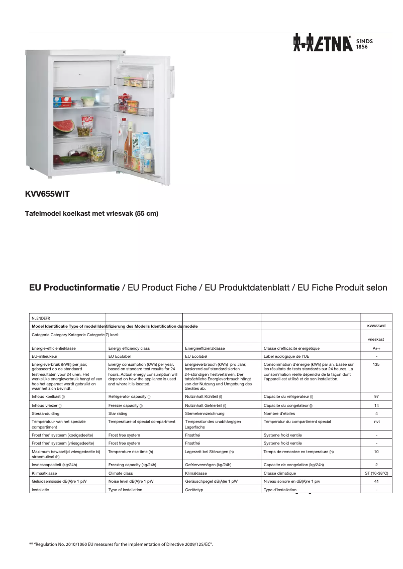 Page 1 of the manual Technical Sheet Etna KVV655WIT