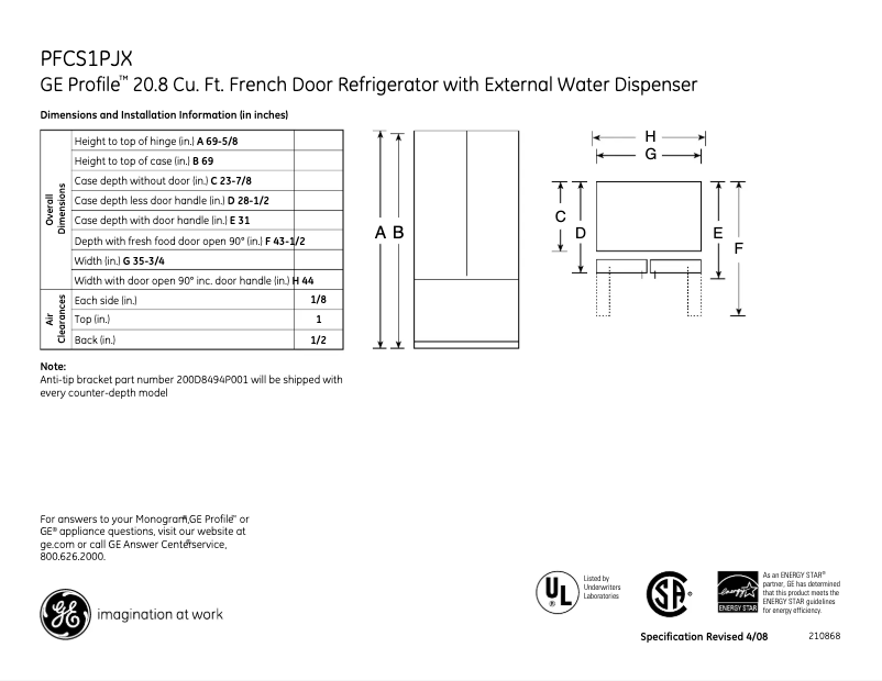 Page 1 of the manual Technical Sheet GE PFCS1PJXSS