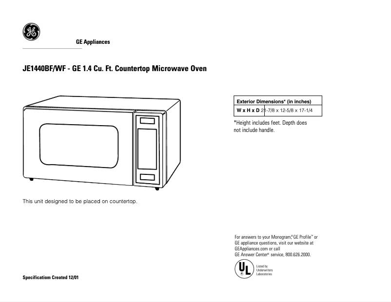 Page 1 of the manual Technical Sheet GE JE1440WF