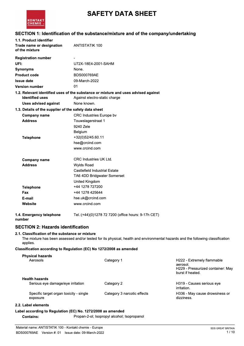 Page 1 of the manual User Manual Kontakt Chemie ANTISTATIK 100