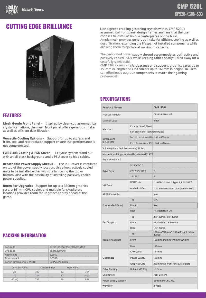 Page 1 of the manual Technical Sheet Cooler Master CMP 520L