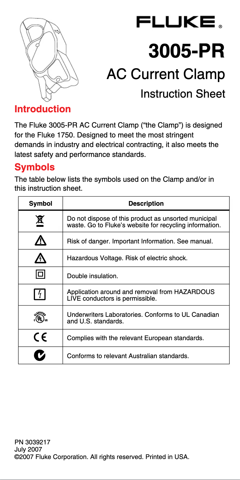 Page 1 of the manual Instructions / Assembly Fluke 1750
