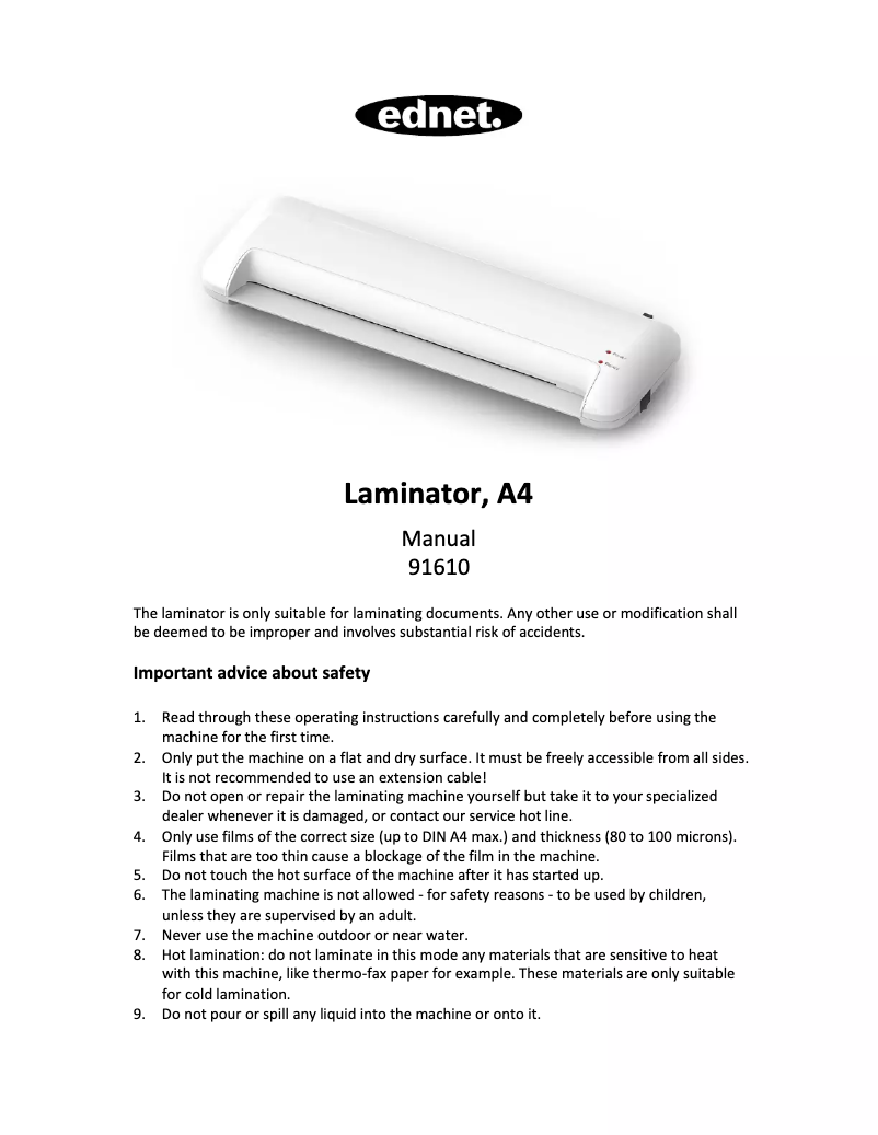 Page 1 of the manual User Manual Ednet Laminator A4