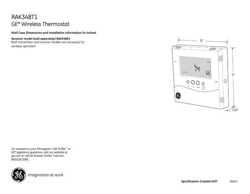 Page 1 of the manual Technical Sheet GE RAK348T1