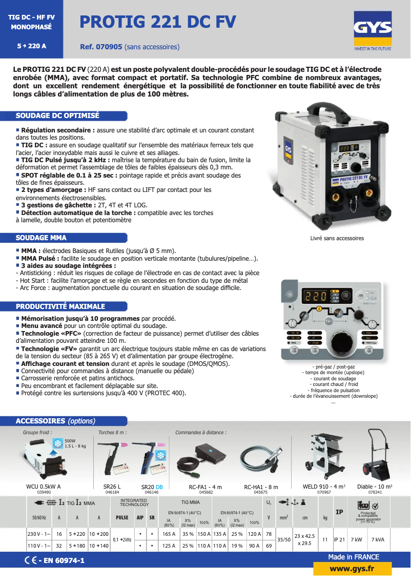 Page 1 of the manual Technical Sheet GYS Protig 221 DC FV