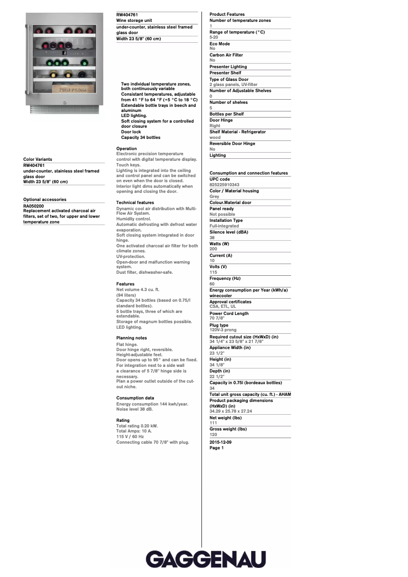 Page 1 de la notice Fiche technique Gaggenau RW404761